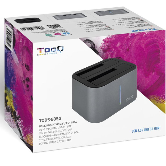 TooQ TQDS-805G Docking Station 2.5' / 3.5' para HDD/SSD SATA, USB 3.0, Clonación de Discos, hasta 8TB, Plug & Play, Windows/Mac/Linux